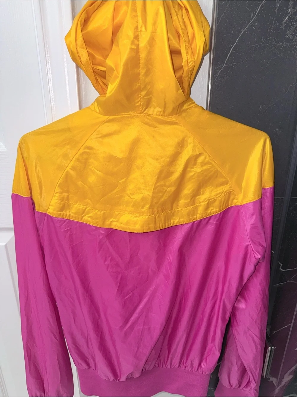 Nike Women's Yellow and Pink Colorblock Hooded Bomber Jacket